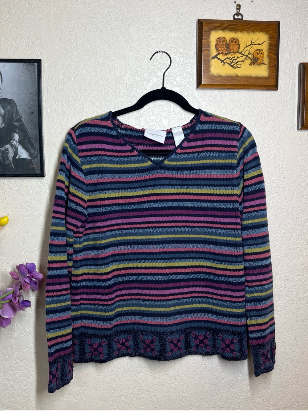 Liz Claiborne Navy Striped V-Neck Sweater with Pink and Yellow Accents